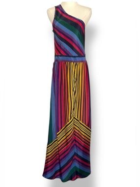 Myth Dress One Shoulder Rainbow Stripe Pink Blue Yellow Maxi Long Medium NWOT